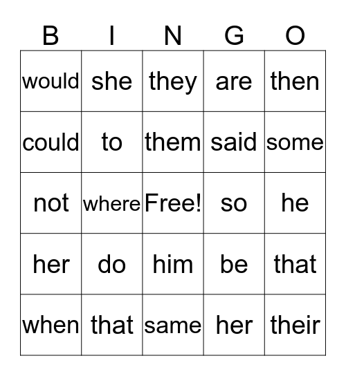 SIGHTWORD KINDER Bingo Card