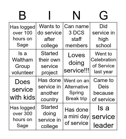 Celebration of Service BINGO! Bingo Card