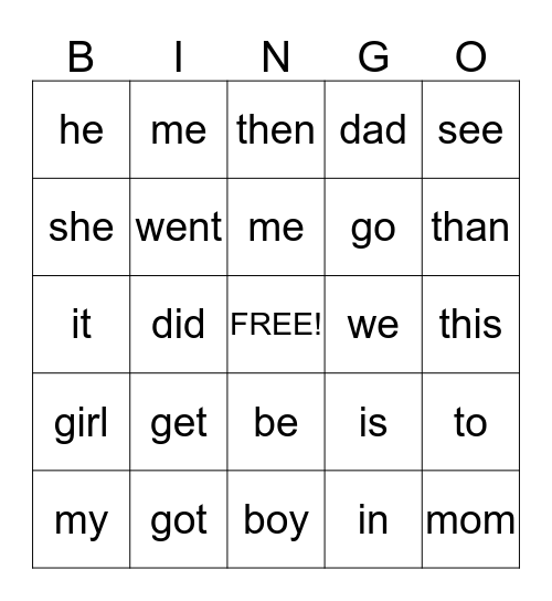 sight words Bingo Card