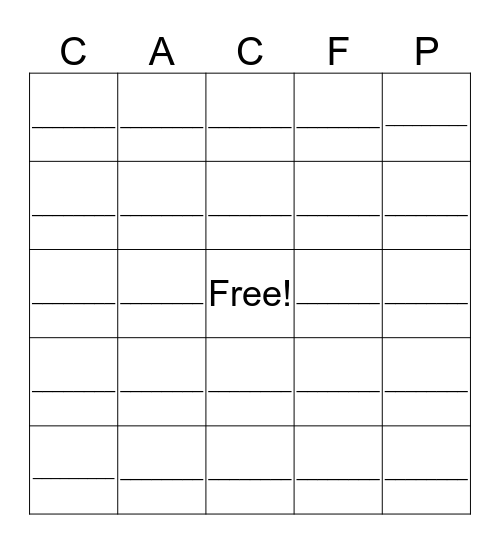 CACFP Bingo Game Bingo Card