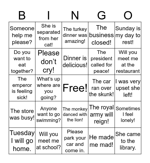 Sign sentences Bingo Card