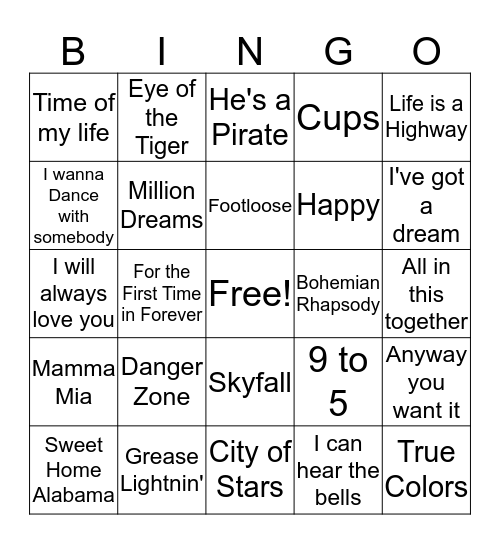 Songs from Movies Bingo Card
