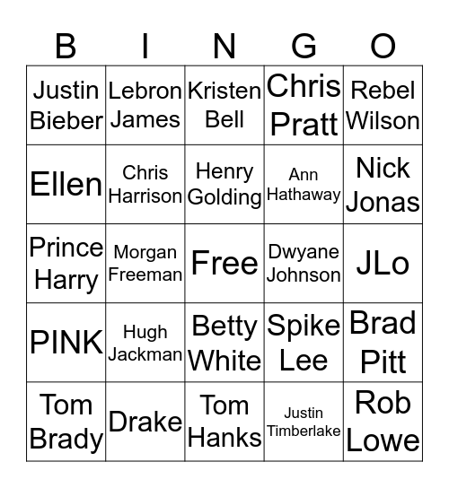 Celebrities  Bingo Card