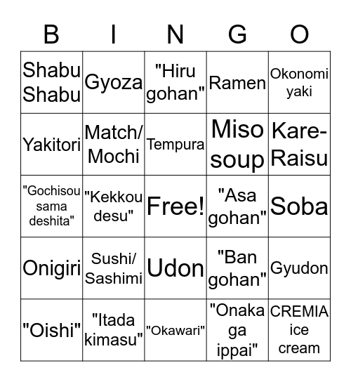 Nihon no Tabemono Bingo Card