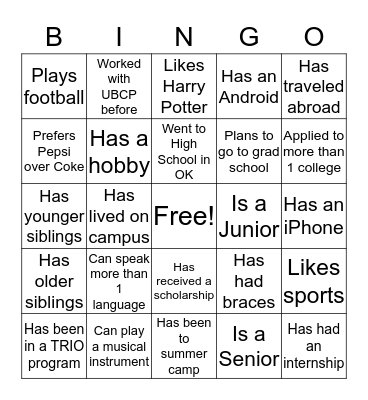 Upward Bound Central Prep Bingo Card