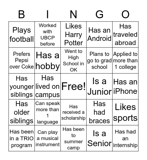 Upward Bound Central Prep Bingo Card