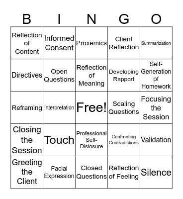 Counseling Skills Bingo Card