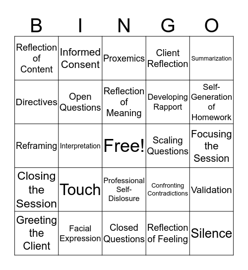 Counseling Skills Bingo Card