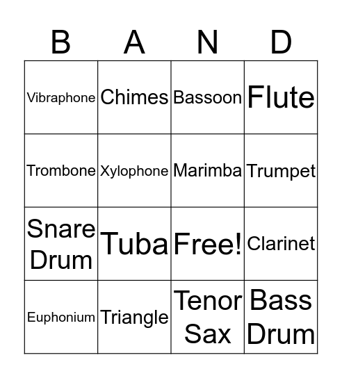 Instrumental Bingo Card