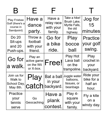 Family Fitness Challenge Bingo Card