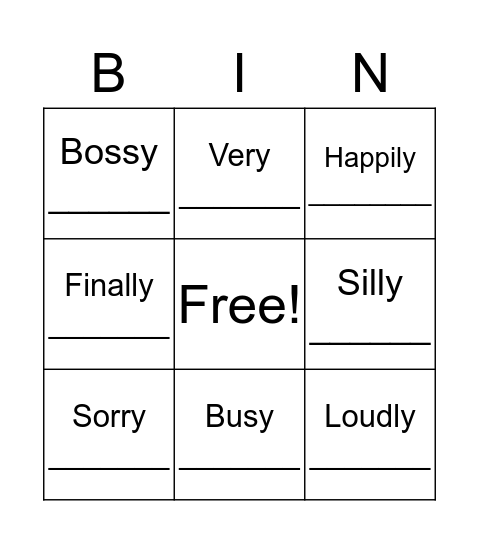 Y- Ending Words Bingo Card