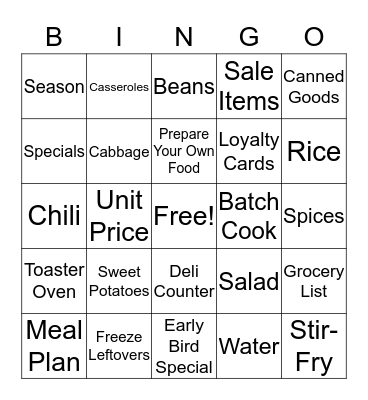 Nutrition Bingo Card