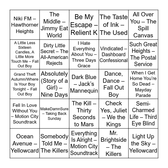 Emo Feels Bingo Card