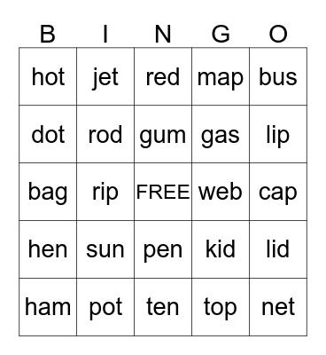 Short Vowel Sounds Bingo Card