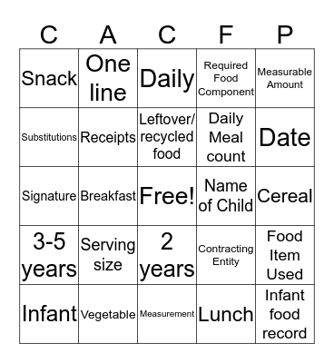 CACFP Bingo Card