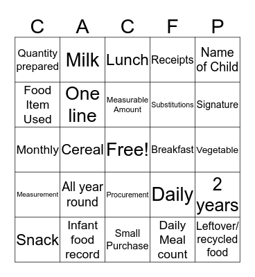CACFP Bingo Card