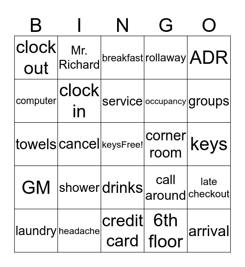 Hotel Lingo Bingo Card