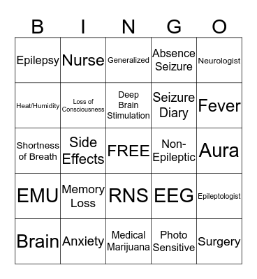 Epilepsy Bingo Card