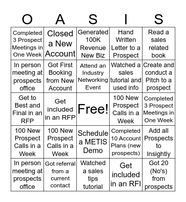 Oasis Sales Bingo Card