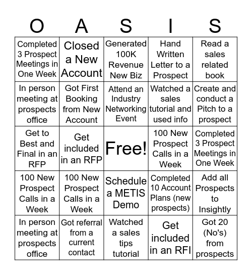 Oasis Sales Bingo Card