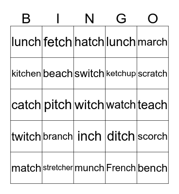 tch/ch   words Bingo Card