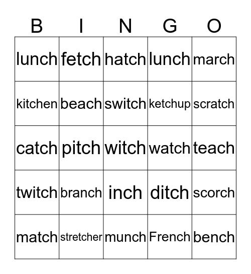 tch/ch   words Bingo Card