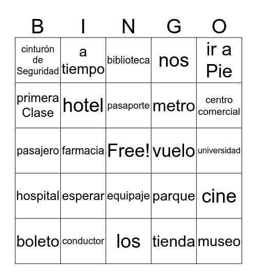 Los Lugares & Medios de Transporte Bingo Card