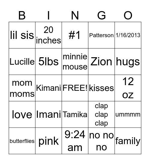 Imani's 1st Birthday  Bingo Card