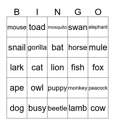 Similes - Animals Bingo Card