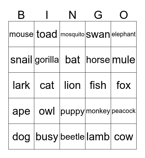 Similes - Animals Bingo Card