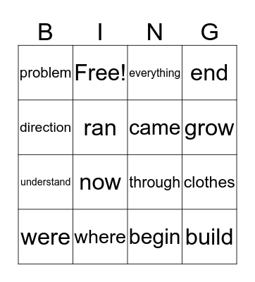 Sight Words Bingo Card