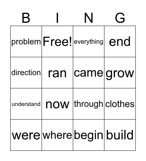 Sight Words Bingo Card