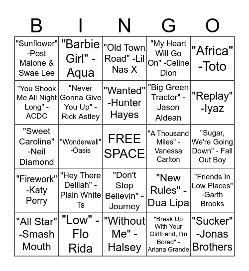 Relay For Life Song Bingo Card