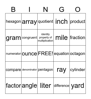 NeSA Math Bingo Card