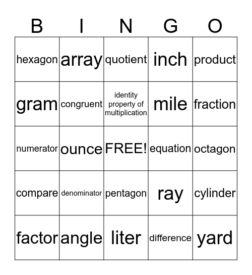 NeSA Math Bingo Card