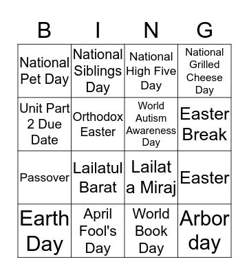 April Bingo Card