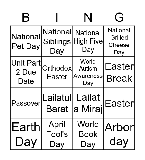 April Bingo Card