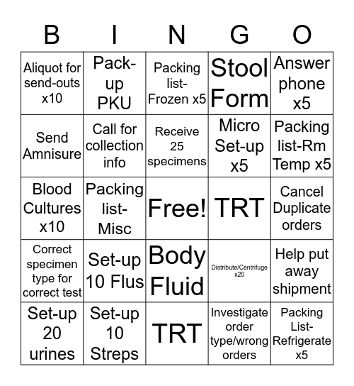 Lab Assistant/Send-outs Bingo Card