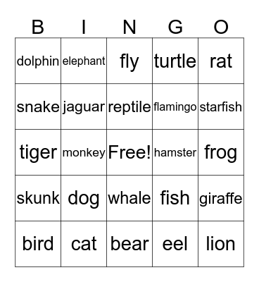 Animals Bingo Card