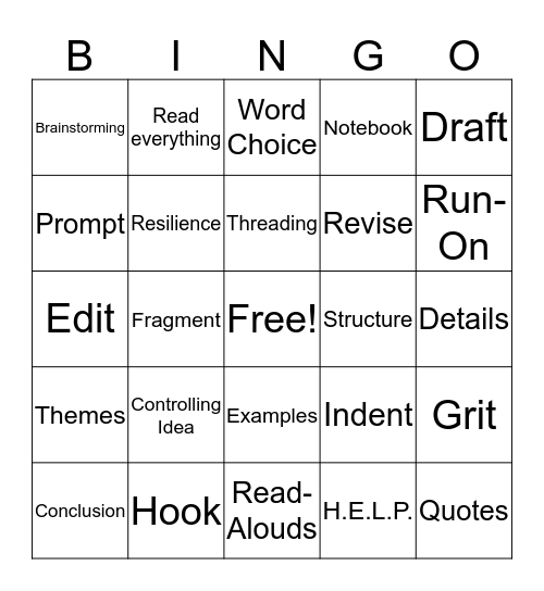 Essay Writing Bingo Card