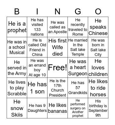 President Nelson  Bingo Card