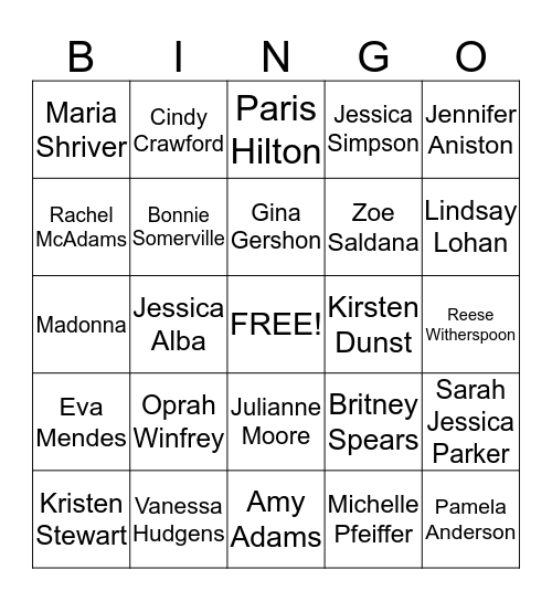 The Saturday Club Female Celebrity Bingo Card