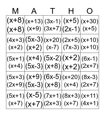 Binomial Multiplication Bingo Card