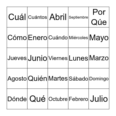 Question Words Bingo Card