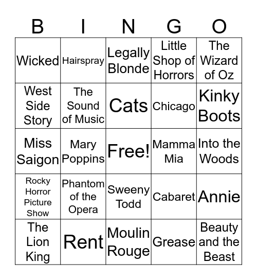 Broadway Musical Bingo Card