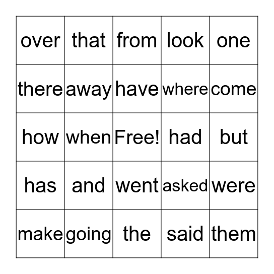 Sight Word Bingo Card