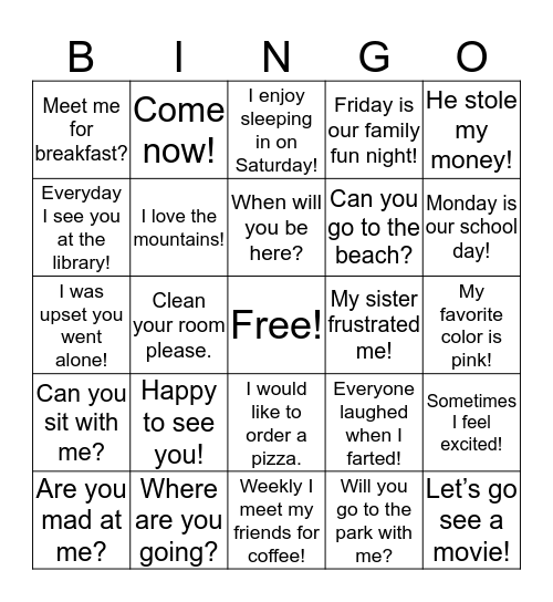 Vocabulary sentences to practice  Bingo Card