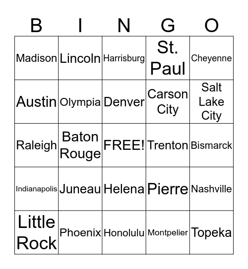 State Capitals  Bingo Card
