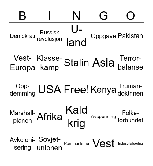 Avkolonisering og kald krig Bingo Card