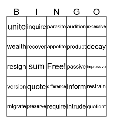 Vocabulary Bingo Card